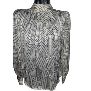 H&M White Patterned Mock Neck Puff Sleeve Blouse S